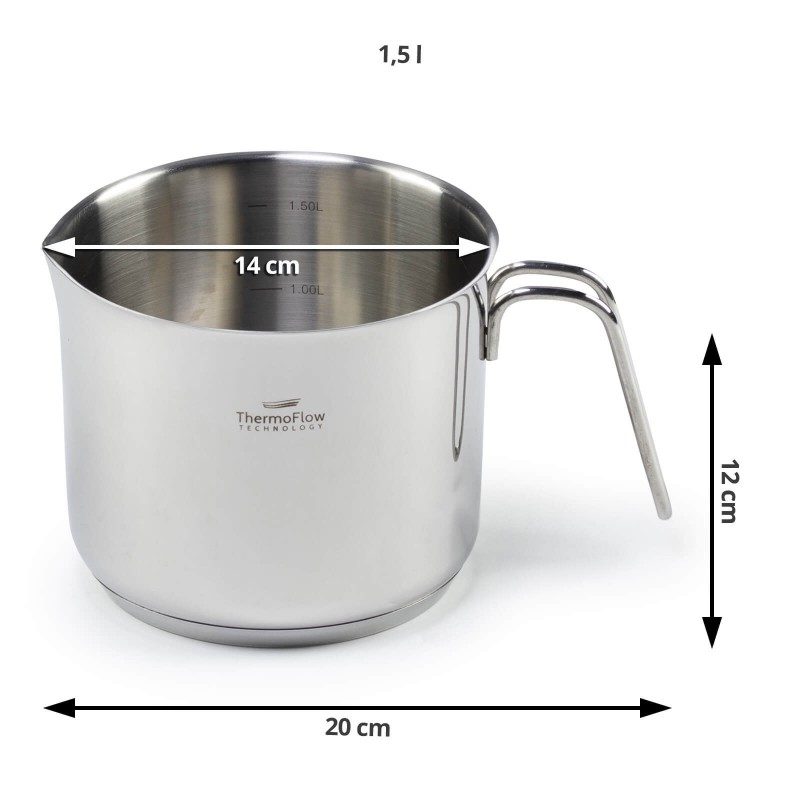 Čelični lonac Pour & Cook prečnika 14cm i zapremine 1.5l odlikuje neuništiv, nerđajući čelik 18/10 i 3-slojno dno, koje omogućava brzo, ravnomjerno zagrijavanje i kraće vrijeme kuvanja. Tehnologija ThermoFlow omogućava odličnu distribuciju toplote po cijeloj površini posude i na taj način obezbjeđuje ravnomjerno kuvanje. Za jednostavnije kuvanje, lonac ima mjernu skalu u unutrasnjosti posude, a za lakše odlivanje zaobljeni rub posude. Pogodno za sve površine za kuvanje, uključujući indukcionu. Lako se čisti i može se prati i u mašini za pranje sudova.