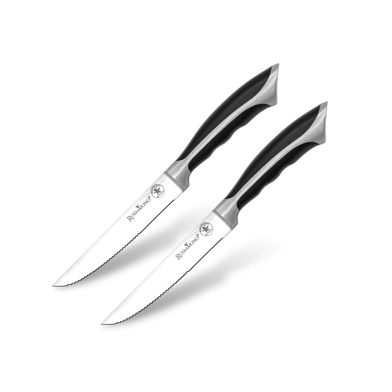 Savršeni kuhinjski nož Rosmarino Blacksmith's Steak za kuvare ili početnike! Set od 2 noža uglavnom za rezanje odrezka. Sječivo je napravljeno od nerđajućeg čelika njemačkog kvaliteta, a izdržljiva ručka izrađena je od visokokvalitetne ABS plastike, koja omogućava maksimalna opterećenja. Profesionalna oštrina biće od velike pomoći u rezanju odrezka i drugih namirnica u svakodnevnoim obrocima. Prednost noža je dvostrana oštrica, naoštrena pod uglom od 15°, za dugu oštrinu i izdržljivost. Oštrica je posebno otporna na koroziju, rđu i mrlje zbog specijalnog brušenja. 