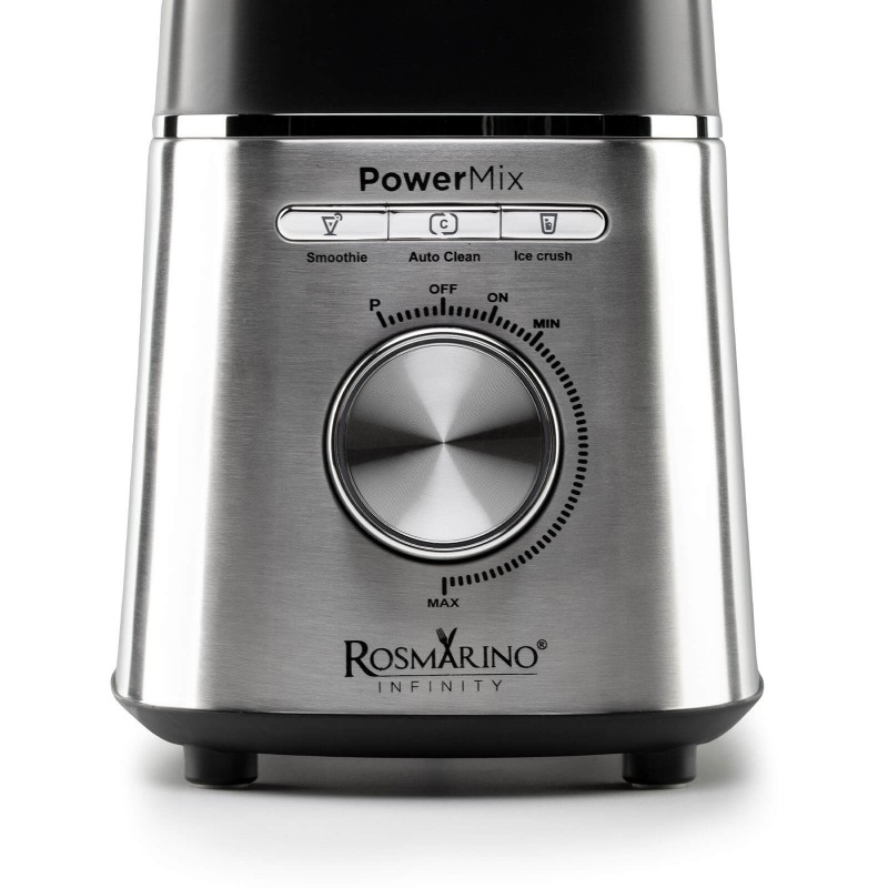 Blender koji će obaviti posao umjesto vas. Rosmarino Infinity Power Mix vrhunski je blender, izuzetno moćan i brz aparat u vašoj kuhinji za sve vaše dnevne obroke, doručak, ručak, obroke koje trebate pripremiti na brzinu i sve do večere. 6 noževa od nerđajućeg čelika omogućavaju vam pripremu raznih voćnih ili napitaka od povrća, raznih umaka ili čak drobljenja leda! Snaga motora od 1400 W, 3 unaprijed postavljene funkcije i dodatna turbo pulsna funkcija zadovoljiće vaše potrebe za pripremu hrane različite teksture. U prostranoj staklenoj posudi zapremine 1500 ml s mjernom skalom uživaćete u bezbrižnoj pripremi jela za cijelu porodicu. Takođe savršen aparat za pripremu dječijih obroka. Minimalistički dizajn u crnoj i inox boji će zadovoljiti sve ljubitelje elegancije u bilo kojoj modernoj kuhinji.
